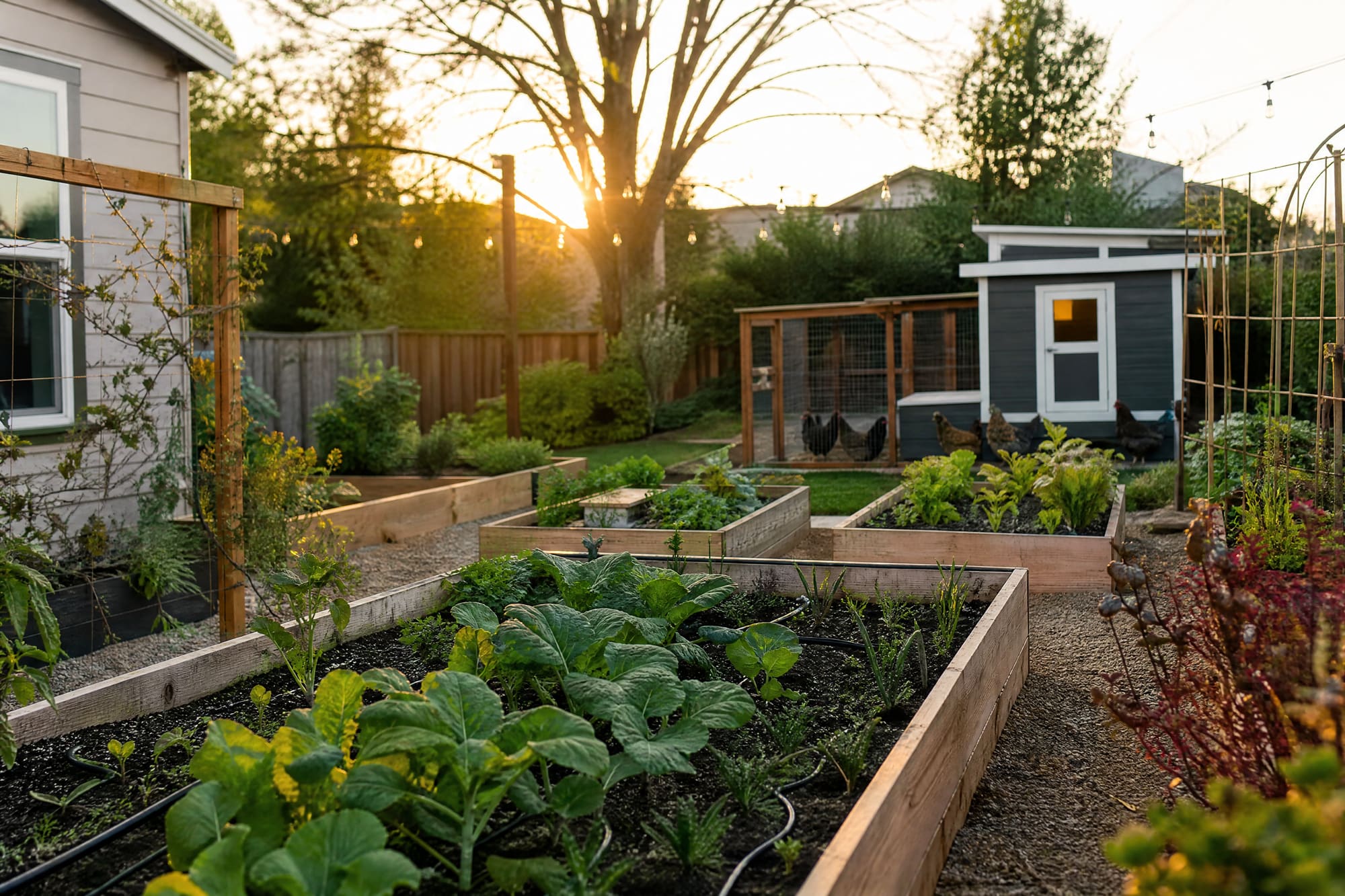 A backyard garden and small homestead at golden hour